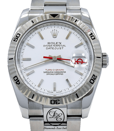 Rolex Datejust 116264 Oyster Turn-O-Graph White Dial 18K White Gold Bezel PAPERS - Diamonds East Intl.
