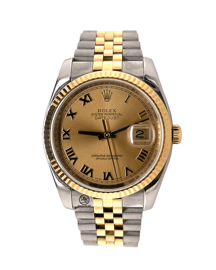 Rolex Datejust 36mm 116233 Champagne Roman Dial Two Tone Jubilee - Diamonds East Intl.