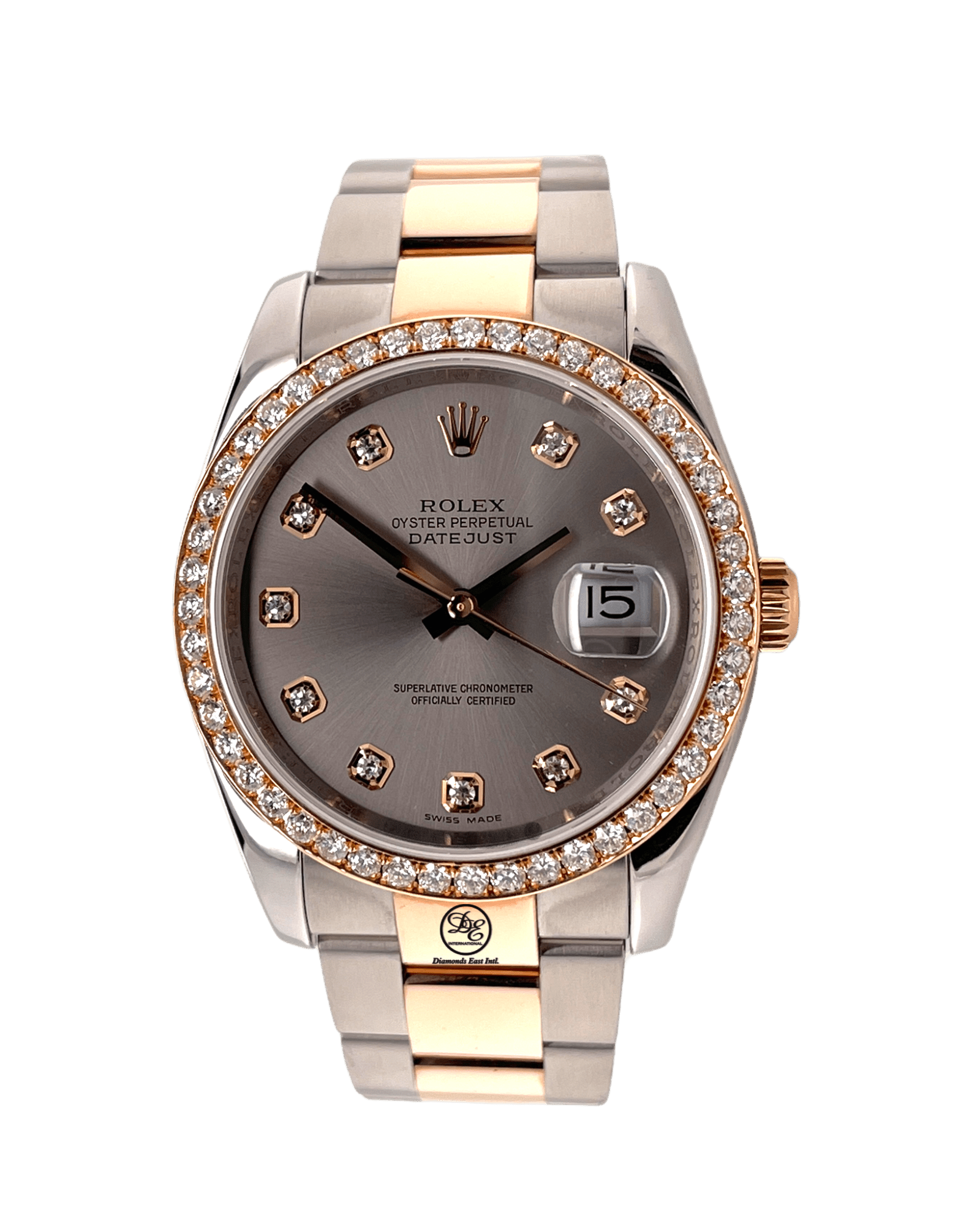 Rolex Datejust Silver Diamond Dial Diamond Bezel Rose Gold/Steel Bracelet 36mm 116201