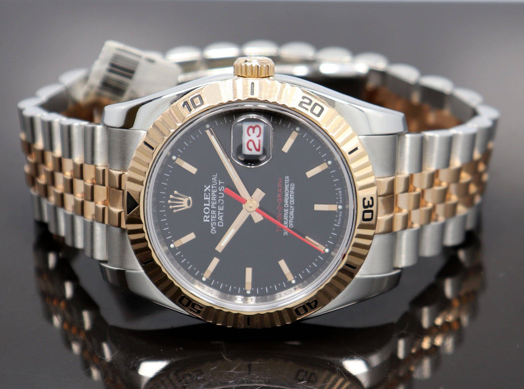 Rolex Datejust 116261 Turn-O-Graph Black Dial SS/ 18K Rose Gold Jubile Band Watch - Diamonds East Intl.
