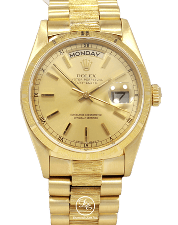 Rolex President Day-Date 36mm 18078 18K Yellow Gold Rolex Factory Bark Finish Stick Dial - Diamonds East Intl.