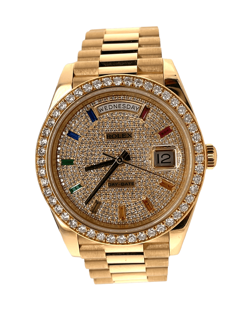 Rolex Day-Date 40mm 228238 Custom Sapphire Rainbow Diamond Dial and Diamond Bezel - Diamonds East Intl.