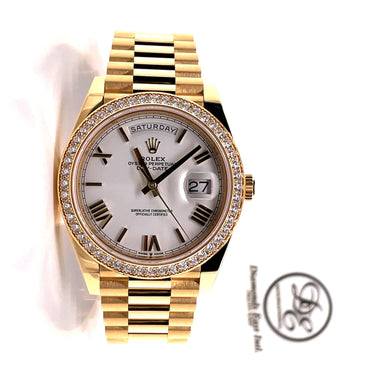 Rolex Day-Date 40mm 228348 RBR Factory Diamond Bezel White Roman Dial UNWORN - Diamonds East Intl.
