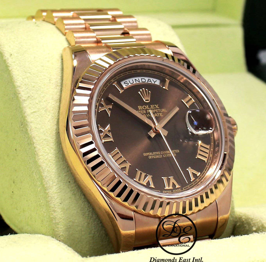 Rolex President Day-Date 41mm 218235 18K Rose Gold Chocolate Dial - Diamonds East Intl.