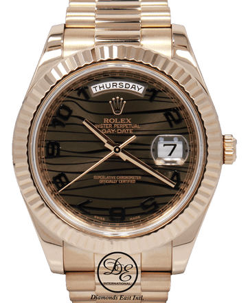 Rolex President Day-Date II 41mm 218235 18K Rose Gold Bronze Wave Dial BOX/PAPER - Diamonds East Intl.