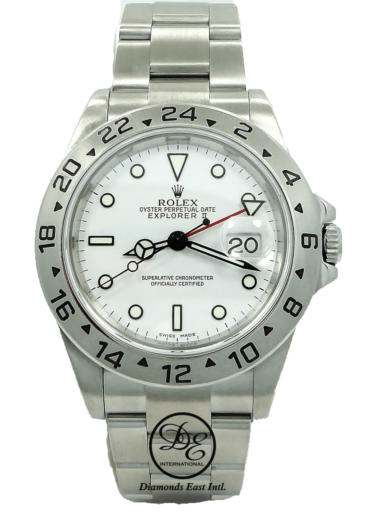Rolex Explorer II 16570 GMT Oyster Date White Dial Watch Diamonds East Intl