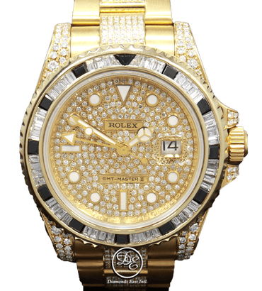 Rolex GMT Master II 116718 18k Yellow Gold Diamonds Dial Bezel Bracelet BOX/PAPERS - Diamonds East Intl.