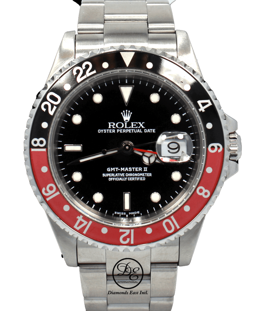 Rolex GMT MASTER II COKE 16710 BLACK/RED 40mm Steel Oyster Watch - Diamonds East Intl.