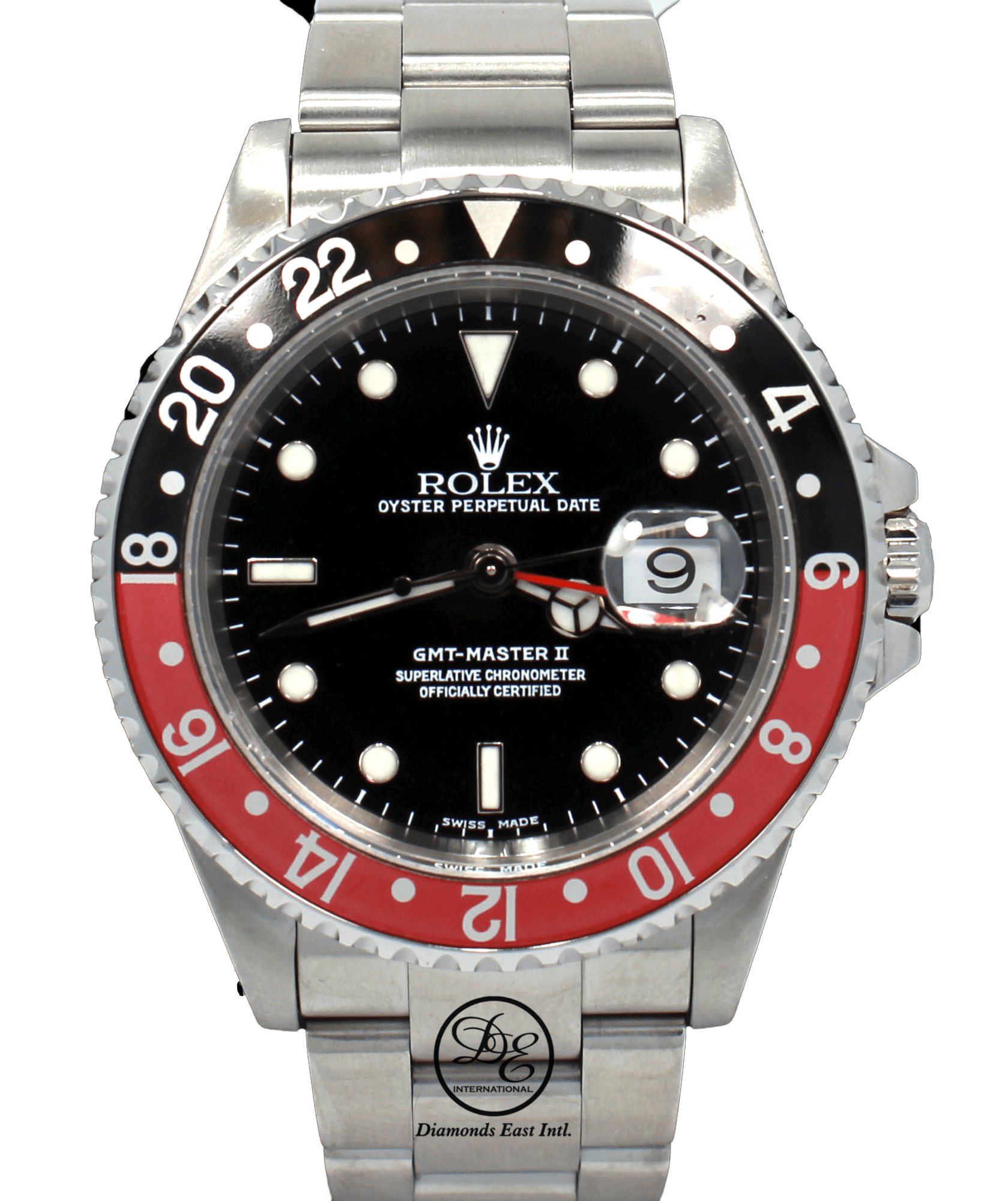 Rolex GMT MASTER II COKE 16710 BLACK RED 40mm Steel Oyster Watch Diamonds East Intl