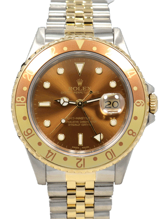 Rolex GMT-MASTER II 16713 Root Beer Two Tone Jubilee 18K Yellow Gold/Steel Watch - Diamonds East Intl.