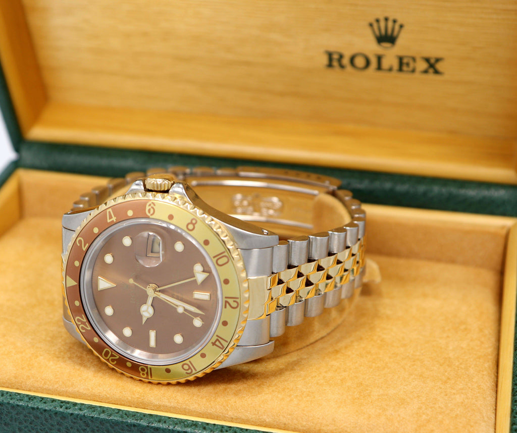 Rolex GMT-MASTER II 16713 Root Beer Two Tone Jubilee 18K Yellow Gold/Steel Watch - Diamonds East Intl.