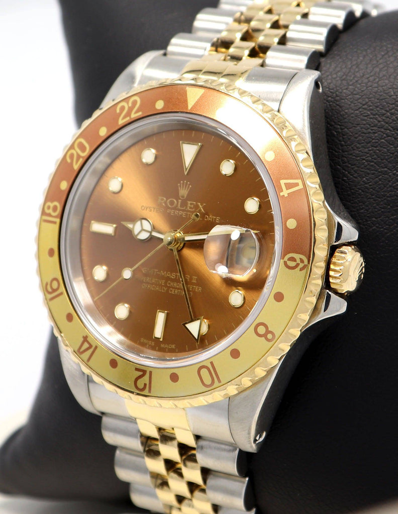 Rolex GMT-MASTER II 16713 Root Beer Two Tone Jubilee 18K Yellow Gold/Steel Watch - Diamonds East Intl.