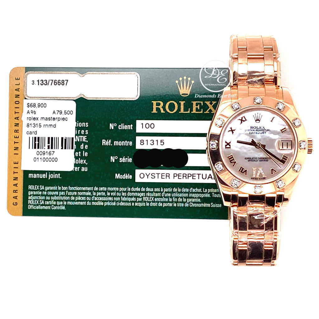 Rolex Masterpiece Pearlmaster 34mm Midsize 34mm 81315 18K Rose Gold Factory Diamond Dial & Bezel PAPERS - Diamonds East Intl.