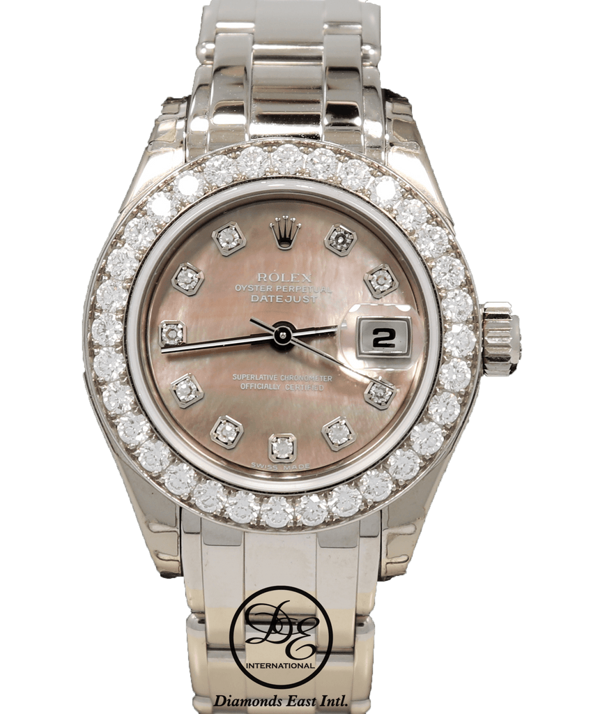 Rolex Masterpiece Pearlmaster 80299 18K White Gold Factory Tahitian Diamond Dial & Bezel MOP Dial B/PPR - Diamonds East Intl.