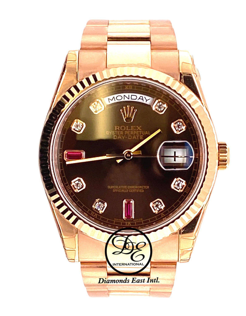 Rolex Day-Date 118235 18K Rose Gold Factory Chocolate Diamond & Rubies Dial NEW - Diamonds East Intl.