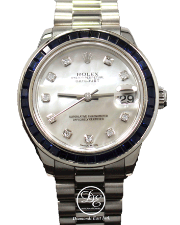 Rolex President Datejust 178279 31mm 18K White Gold MOP Diamond Dial Blue Sapphires Bezel MINT - Diamonds East Intl.