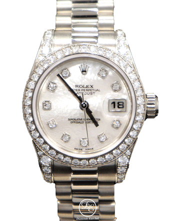 Rolex President 179159 Datejust 18K White Gold Factory Crown Collection MOP Diamond Dial and Bezel Watch - Diamonds East Intl.