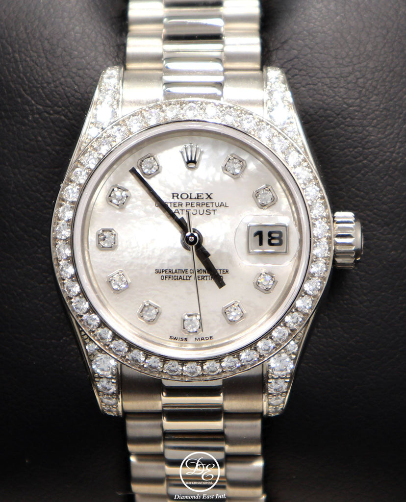 Rolex President 179159 Datejust 18K White Gold Factory Crown Collection MOP Diamond Dial and Bezel Watch - Diamonds East Intl.