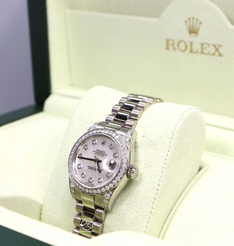 Rolex President 179159 Datejust 18K White Gold Factory Crown Collection MOP Diamond Dial and Bezel Watch - Diamonds East Intl.