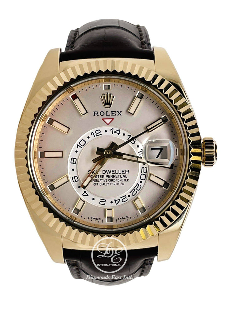 Rolex Sky-Dweller 326138 Perpetual 18K Yellow Gold On Leather Silver Dial Watch *MINT* - Diamonds East Intl.
