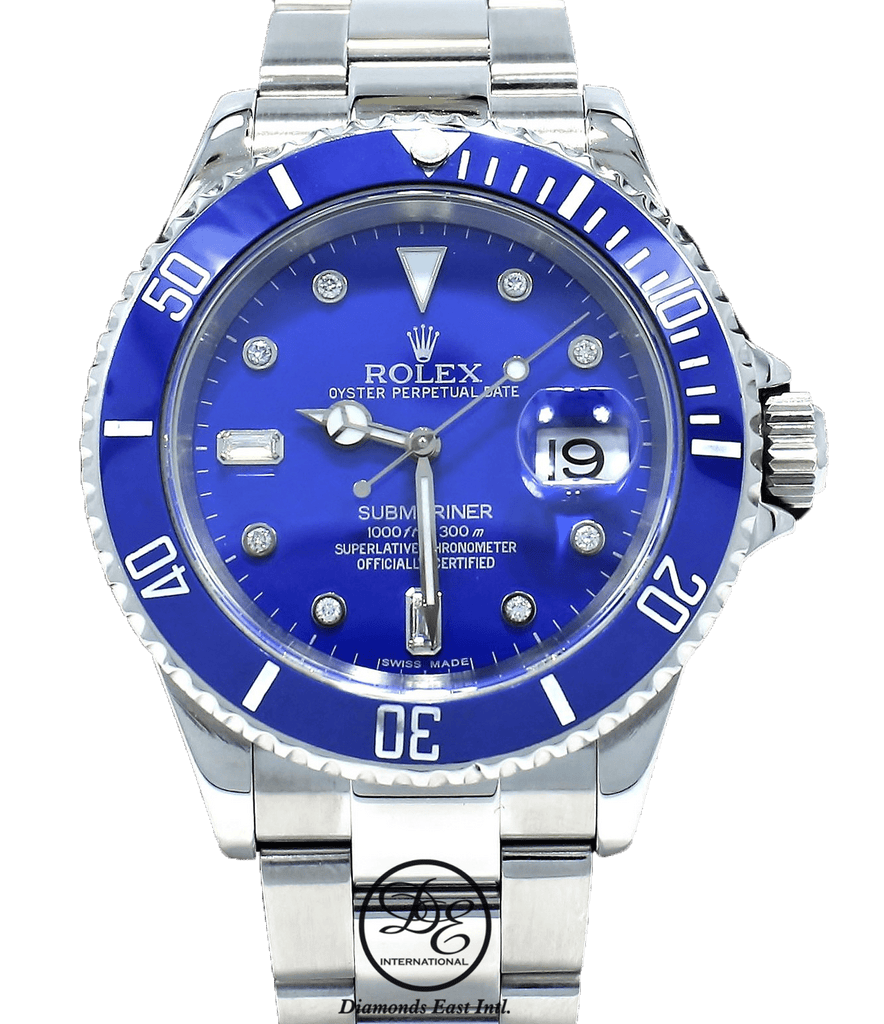 Rolex Submariner 16610 Steel Blue Dial and Blue Bezel Diamond Dial Watch MINT Diamonds East Intl