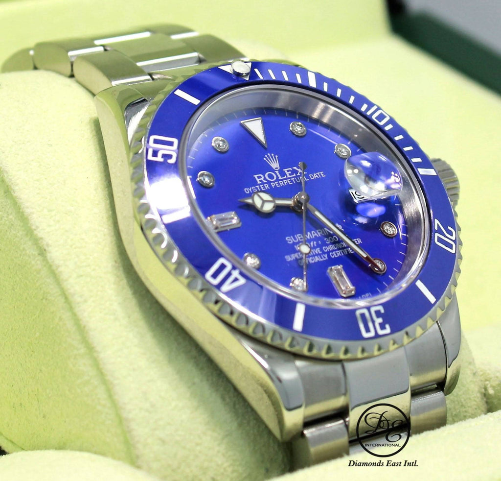 Rolex Submariner 16610 Steel Blue Dial and Blue Bezel Diamond Dial Watch MINT - Diamonds East Intl.