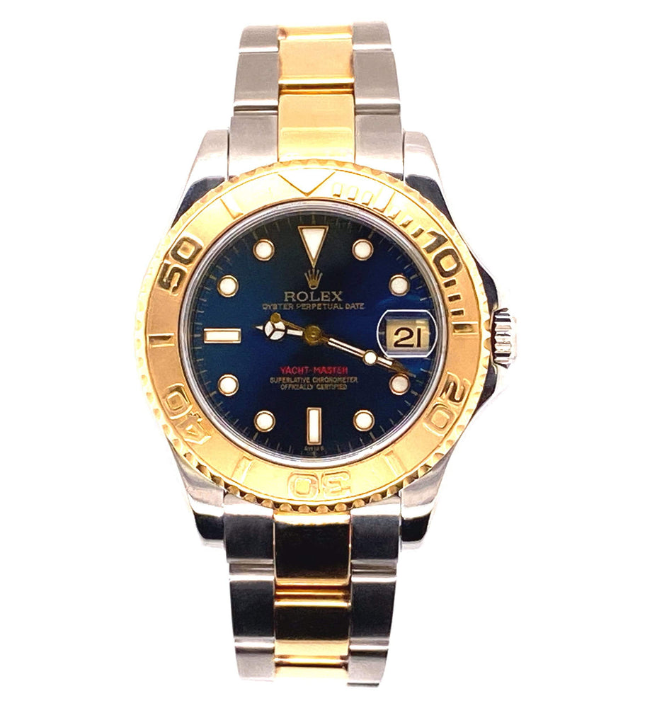 Rolex Yacht-Master 168623 35mm Two Tone Oyster 18K Yellow Gold & SS Blue Dial Watch - Diamonds East Intl.