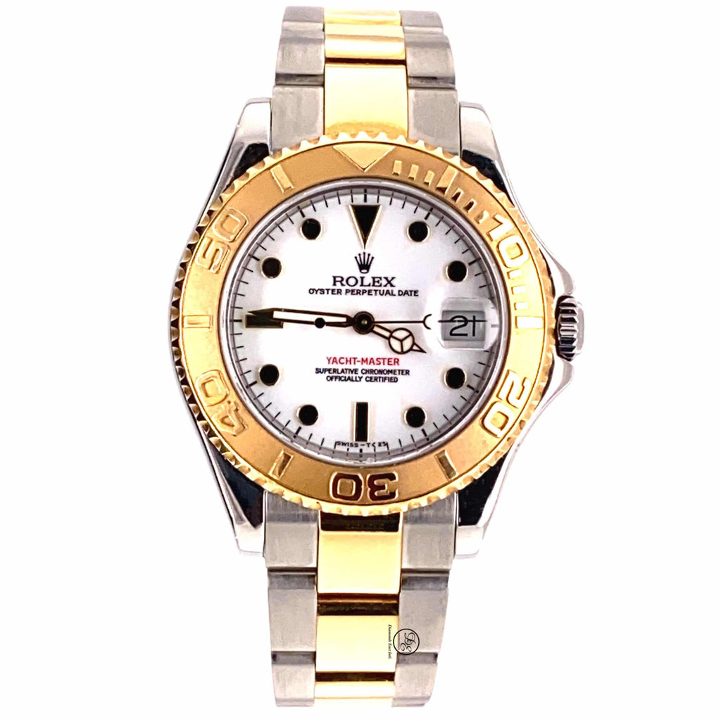 Rolex Yacht-Master 168623 35mm Two Tone Oyster 18K Yellow Gold & SS White Dial Watch - Diamonds East Intl.