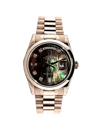 Unworn Rolex Day-Date 36mm 118209 Factory Black MOP Dial Box and Papers - Diamonds East Intl.