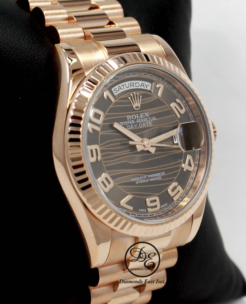 Rolex President Day-Date 118235 New Style 18K Rose Gold Factory Rare Chocolate Wave Dial MINT - Diamonds East Intl.