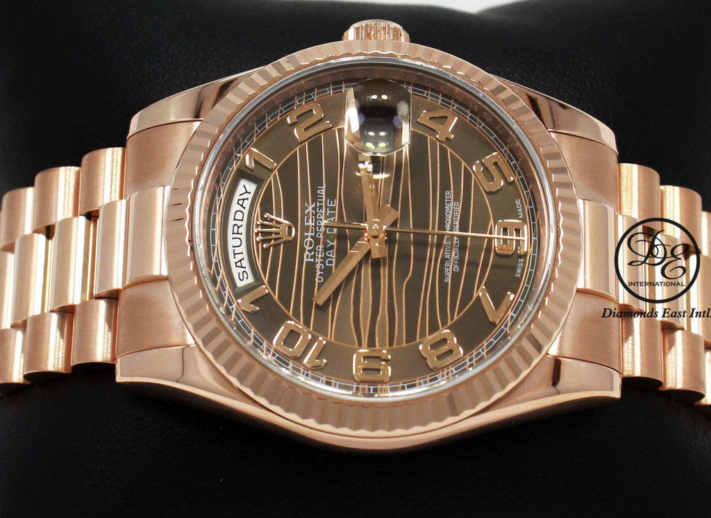 Rolex President Day-Date 118235 New Style 18K Rose Gold Factory Rare Chocolate Wave Dial MINT - Diamonds East Intl.
