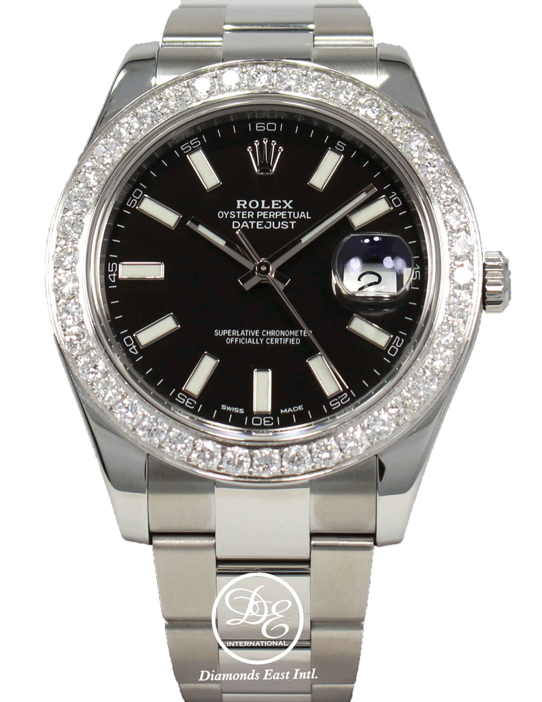 Rolex Datejust II 116300 3.25 CT Diamonds Bezel Black Dial Stainless Steel Watch - Diamonds East Intl.