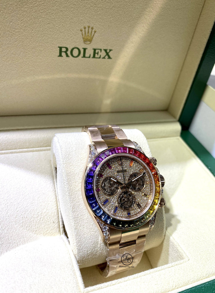 Rolex Daytona Rainbow Diamonds Sapphires 18K Rose Watch MINT | Diamonds East Intl.