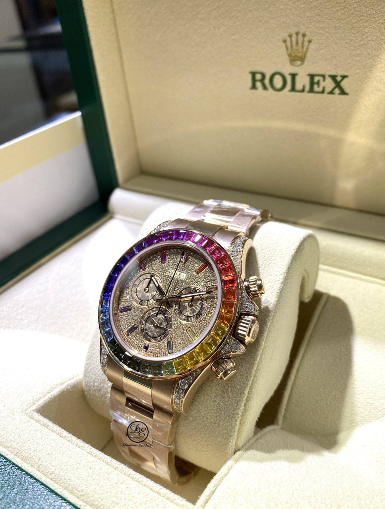 Rolex Daytona Rainbow Diamonds Sapphires 18K Rose Watch MINT | Diamonds East Intl.