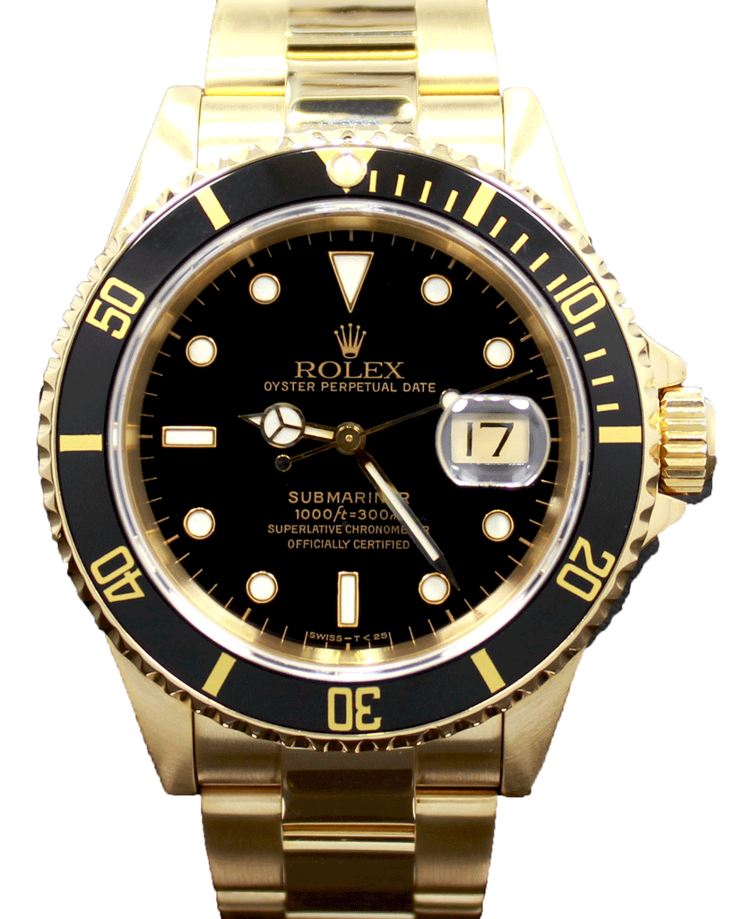 ROLEX Submariner 16618 18k Yellow Gold Oyster Black Dial & Bezel Watch BOX/PAPERS