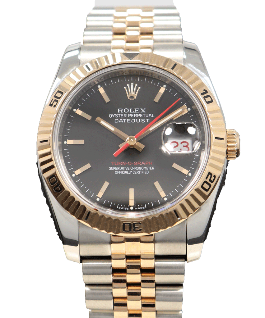 Rolex Datejust 116261 Turn-O-Graph Black Dial SS/ 18K Rose Gold Jubile Band Watch